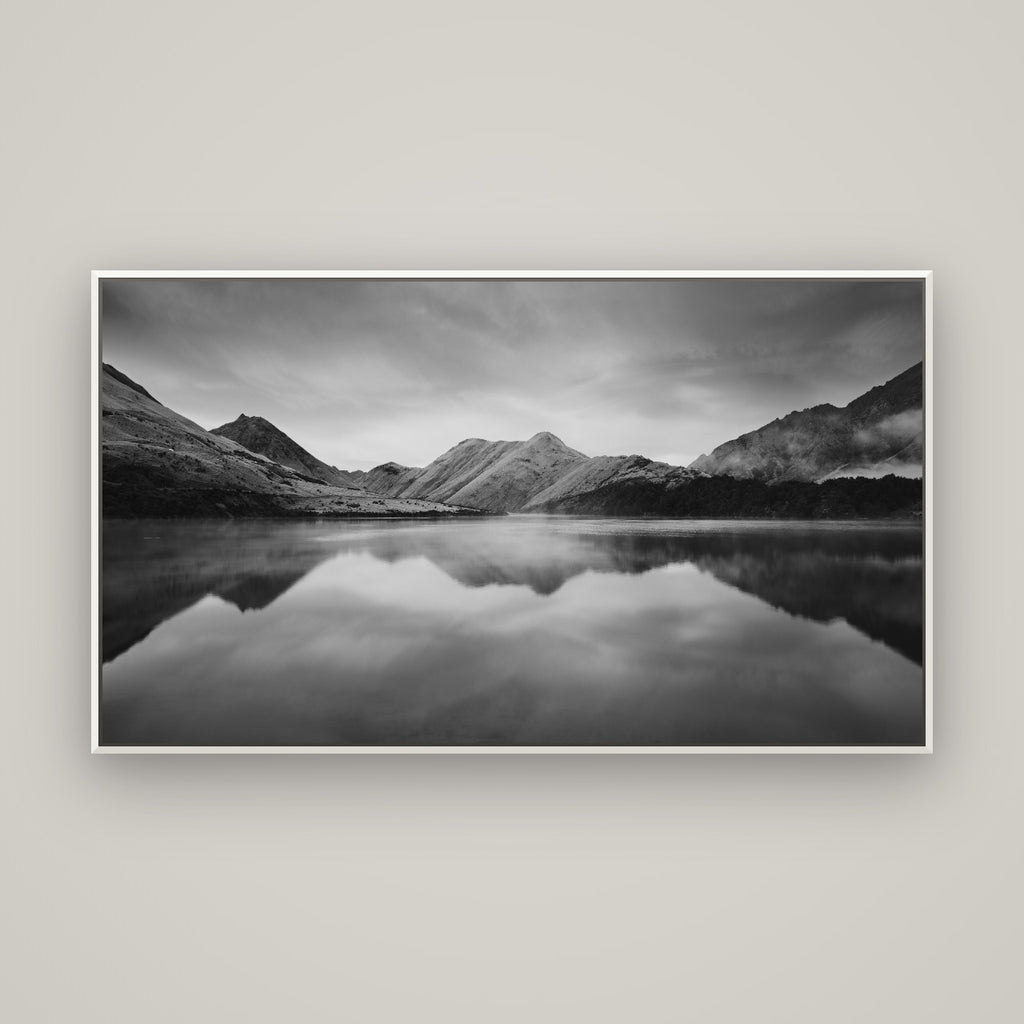 Sunrise Serenity, Moke Lake Queenstown — Basel White, 160×90 cm. New Zealand fine art wall art by Stephen Milner.