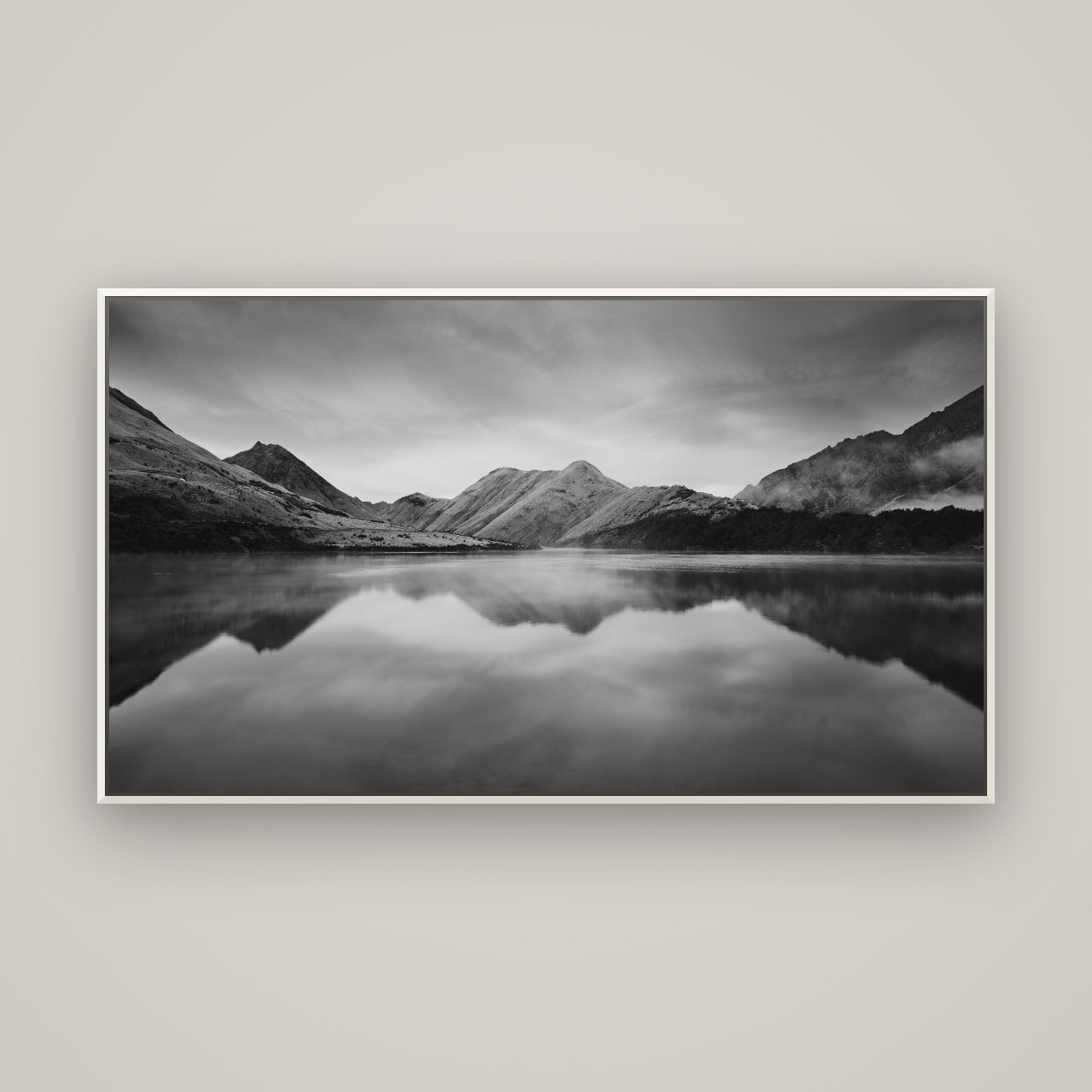 Sunrise Serenity, Moke Lake Queenstown — Basel White, 160×90 cm. New Zealand fine art wall art by Stephen Milner.