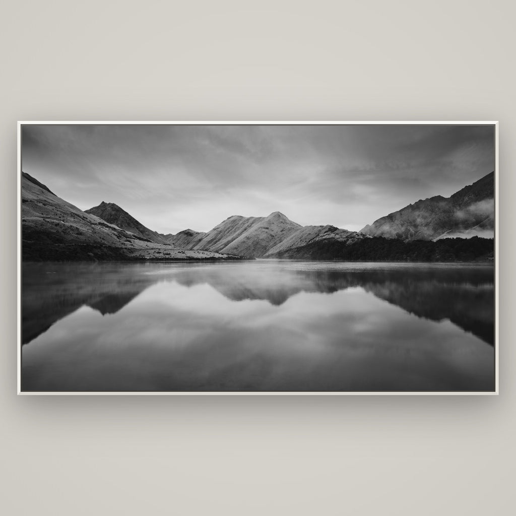 Sunrise Serenity, Moke Lake Queenstown — Basel White, 196×110 cm. New Zealand fine art wall art by Stephen Milner.