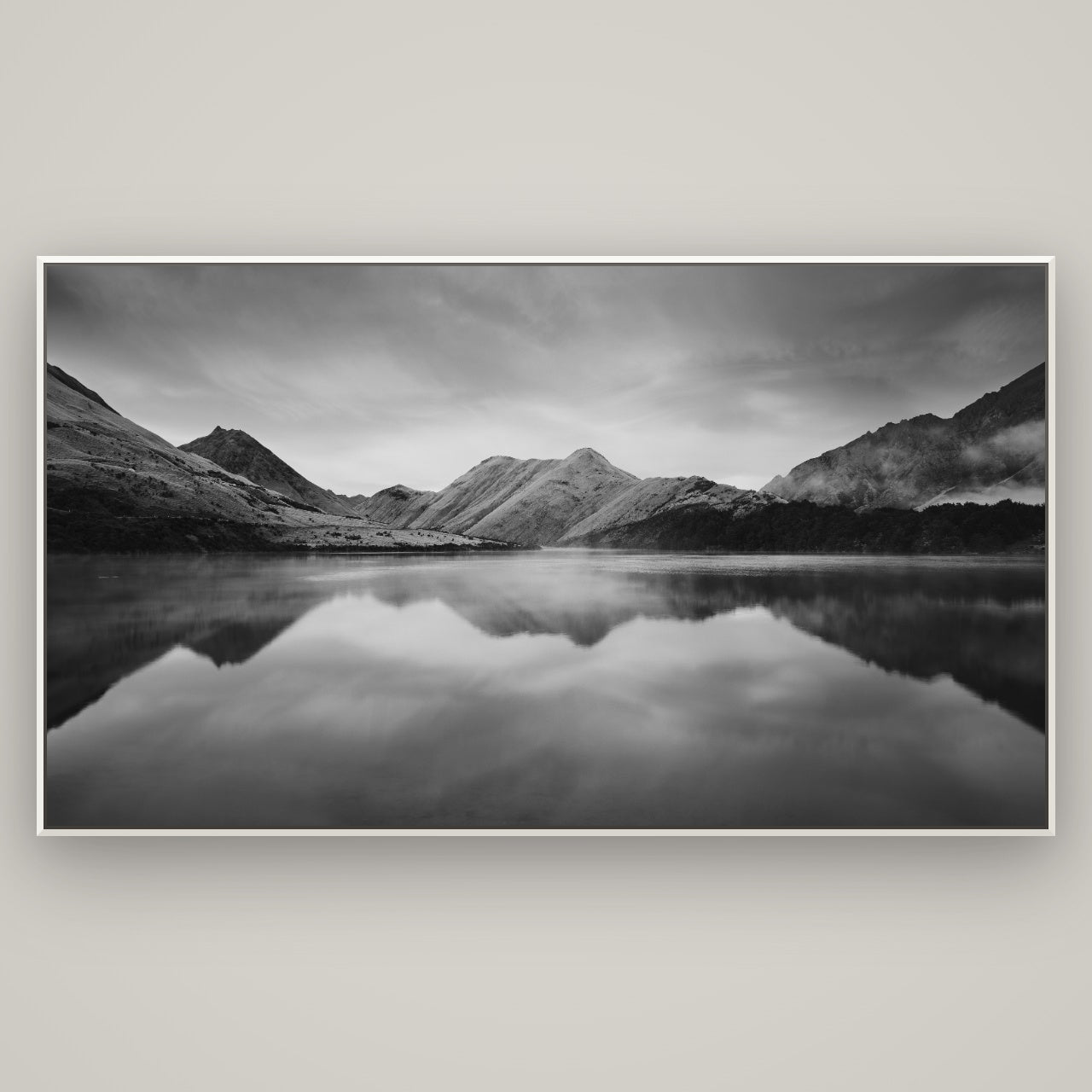Sunrise Serenity, Moke Lake Queenstown — Basel White, 196×110 cm. New Zealand fine art wall art by Stephen Milner.