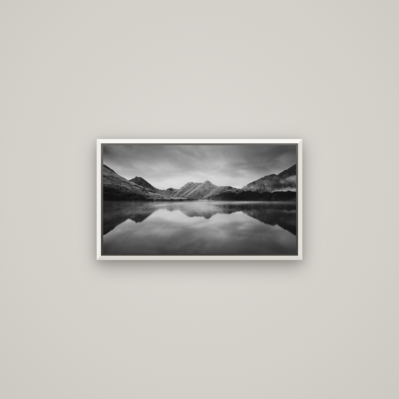 Sunrise Serenity, Moke Lake Queenstown — Basel White, 64×36 cm. New Zealand fine art wall art by Stephen Milner.