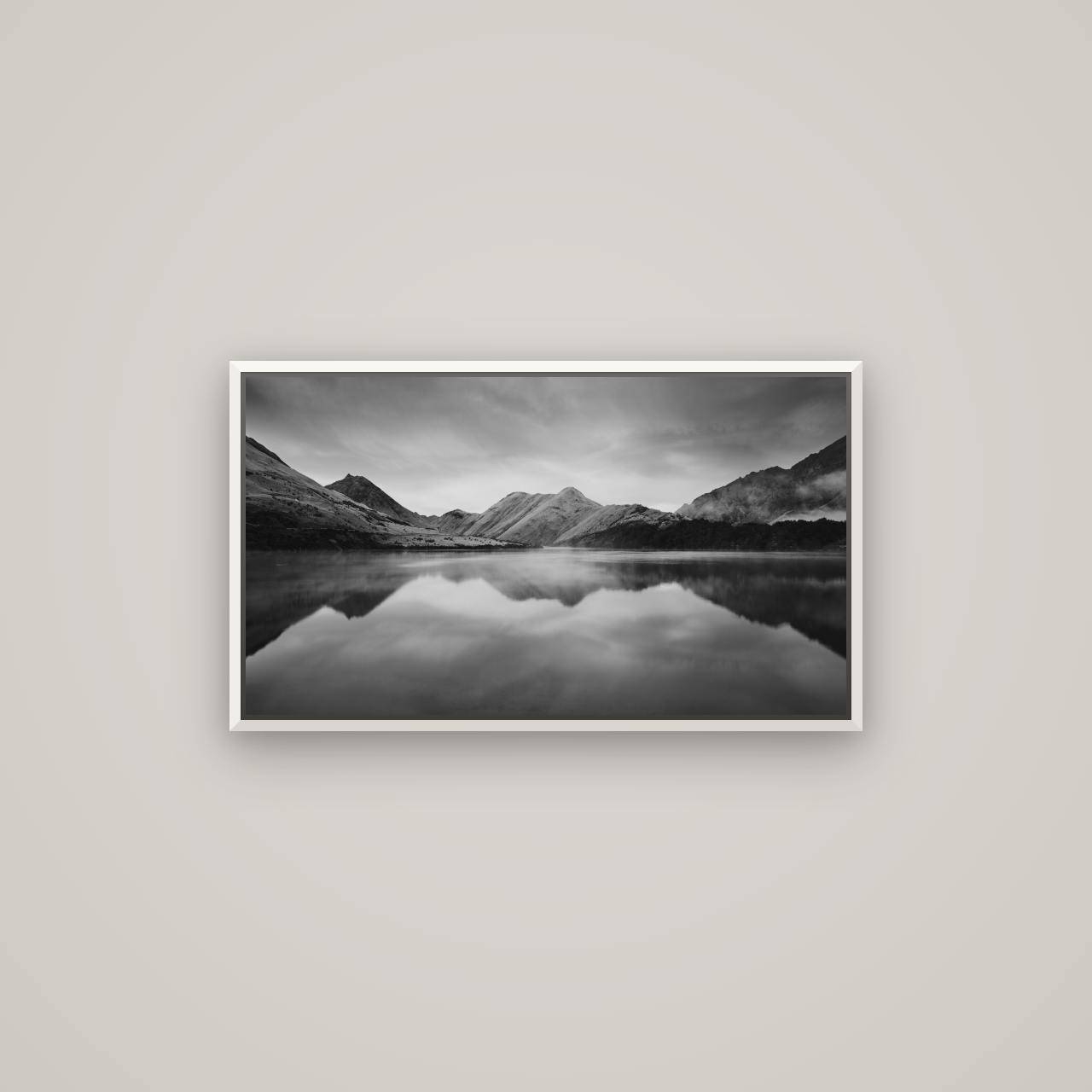 Sunrise Serenity, Moke Lake Queenstown — Basel White, 80×45 cm. New Zealand fine art wall art by Stephen Milner.