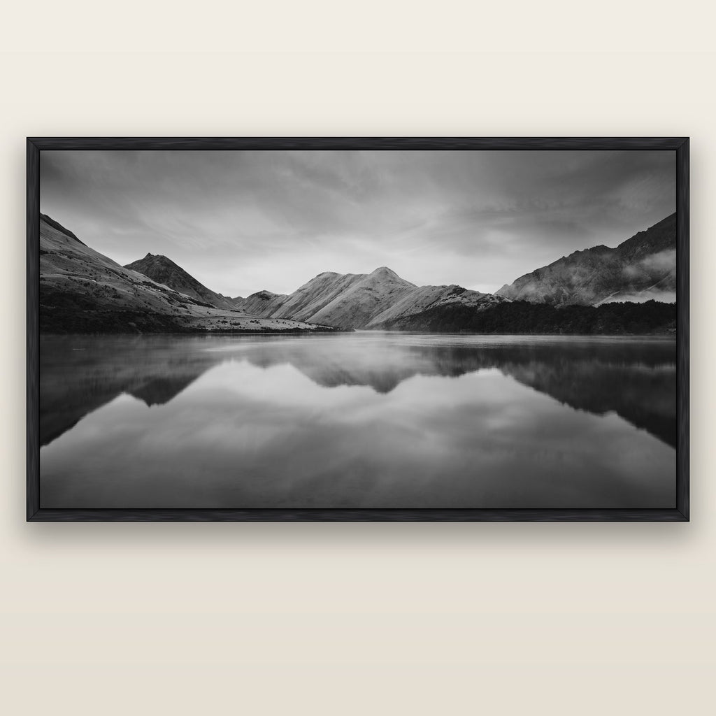 Sunrise Serenity, Moke Lake Queenstown — black float frame canvas, 200 × 130 cm. New Zealand fine art landscape wall art by Stephen Milner.
