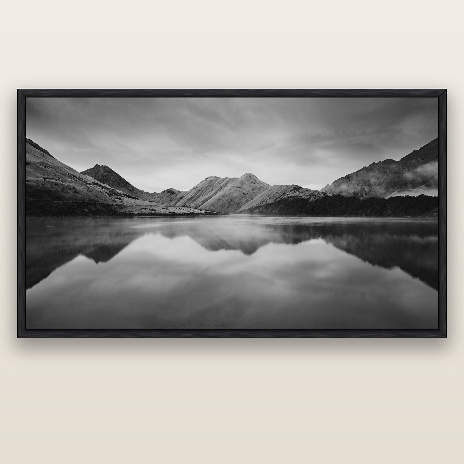 Sunrise Serenity, Moke Lake Queenstown — black float frame canvas, 200 × 130 cm. New Zealand fine art landscape wall art by Stephen Milner.