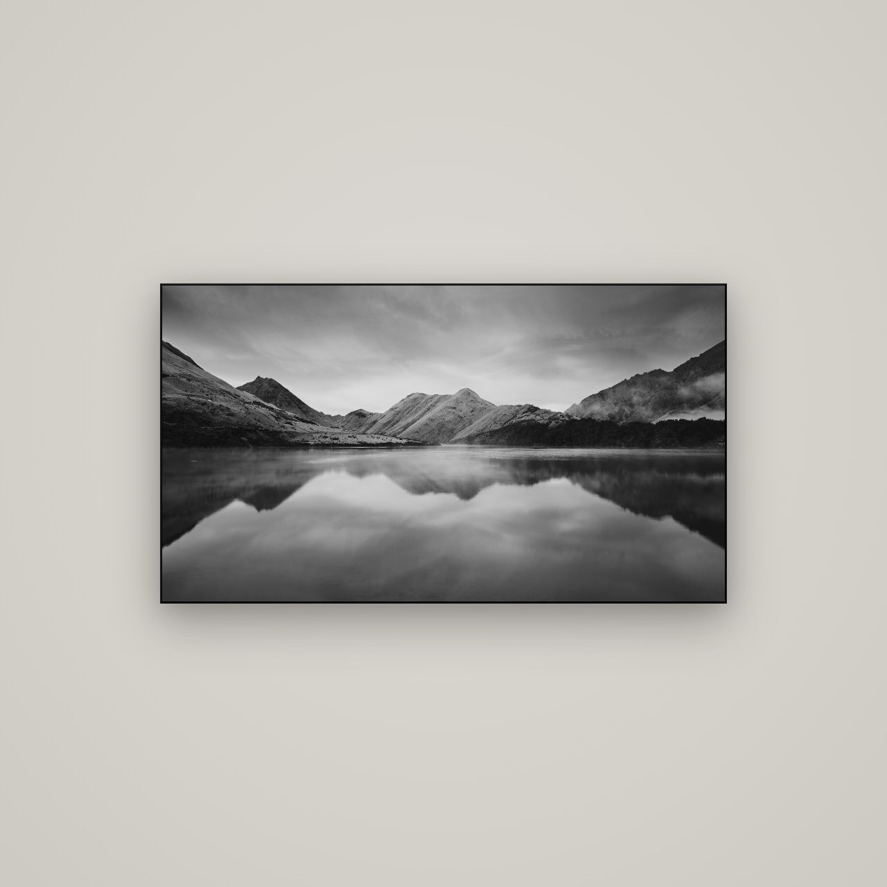 Sunrise Serenity, Moke Lake Queenstown — Slimline Black, 107×60 cm. New Zealand fine art wall art by Stephen Milner.