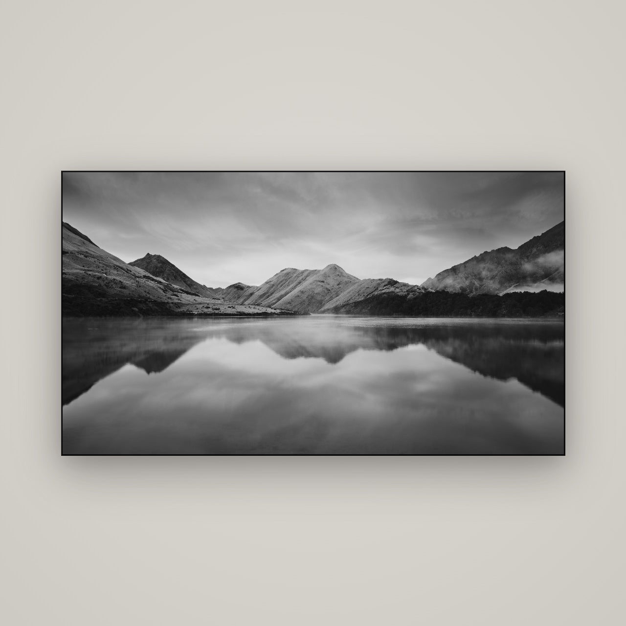 Sunrise Serenity, Moke Lake Queenstown — Slimline Black, 160×90 cm. New Zealand fine art wall art by Stephen Milner.