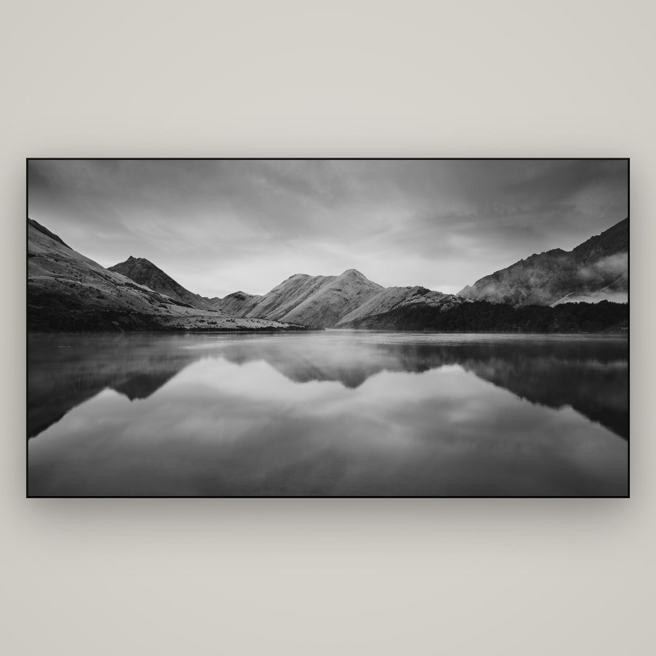 Sunrise Serenity, Moke Lake Queenstown — Slimline Black, 196×110 cm. New Zealand fine art wall art by Stephen Milner.