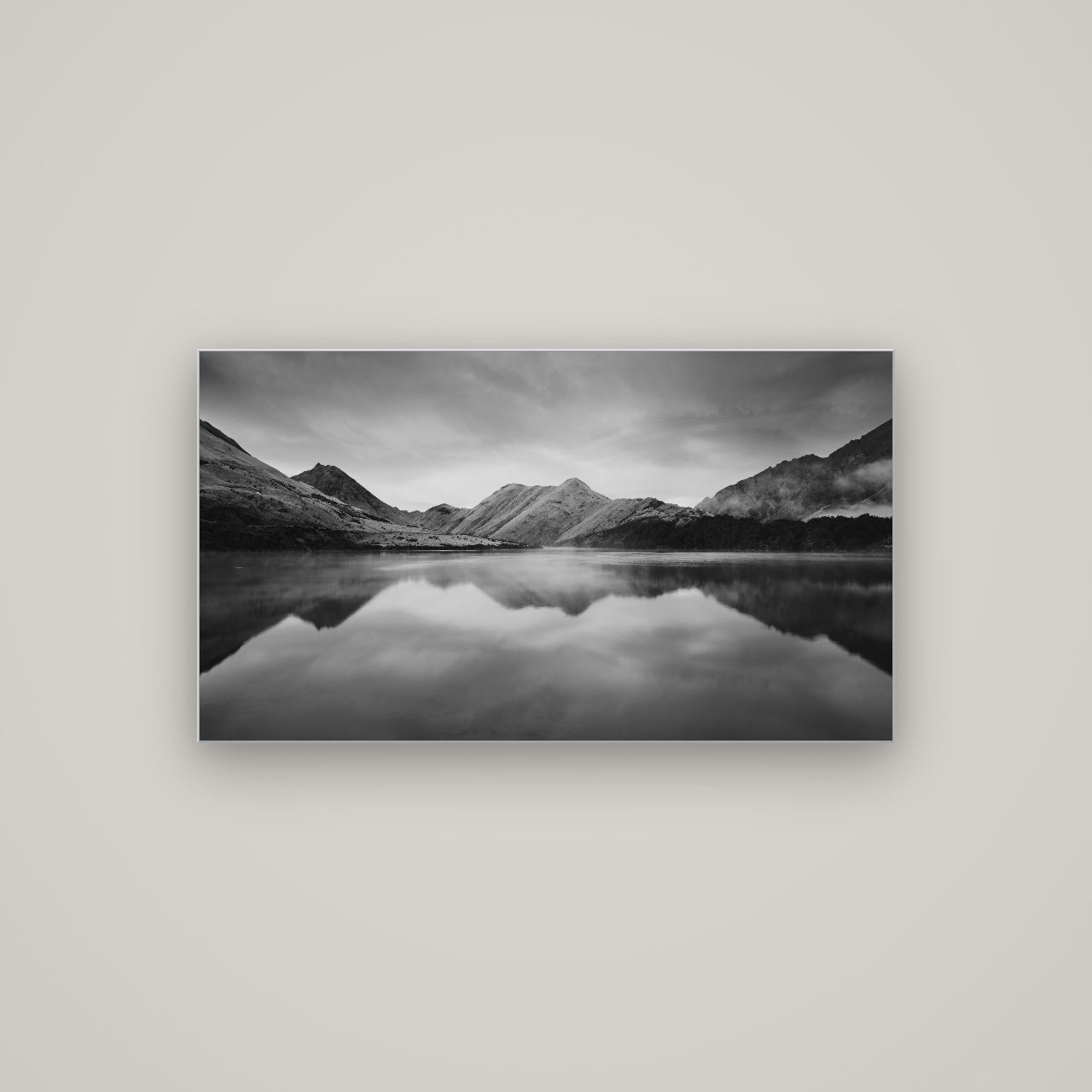 Sunrise Serenity, Moke Lake Queenstown — Slimline Silver, 107×60 cm. New Zealand fine art wall art by Stephen Milner.