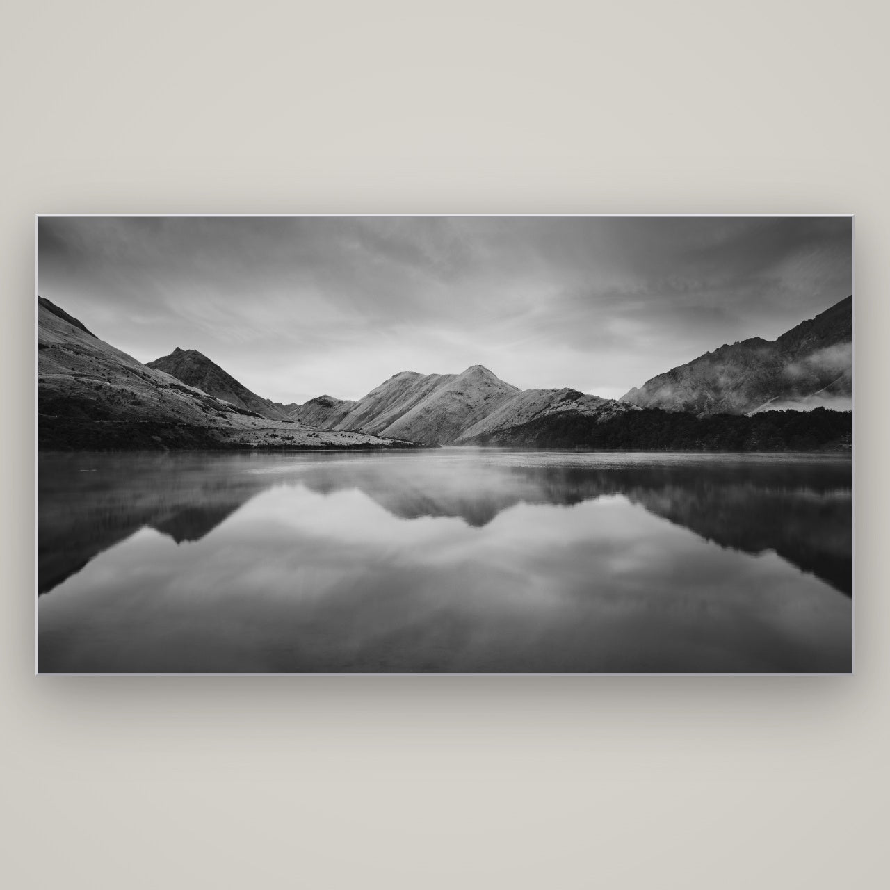 Sunrise Serenity, Moke Lake Queenstown — Slimline Silver, 196×110 cm. New Zealand fine art wall art by Stephen Milner.