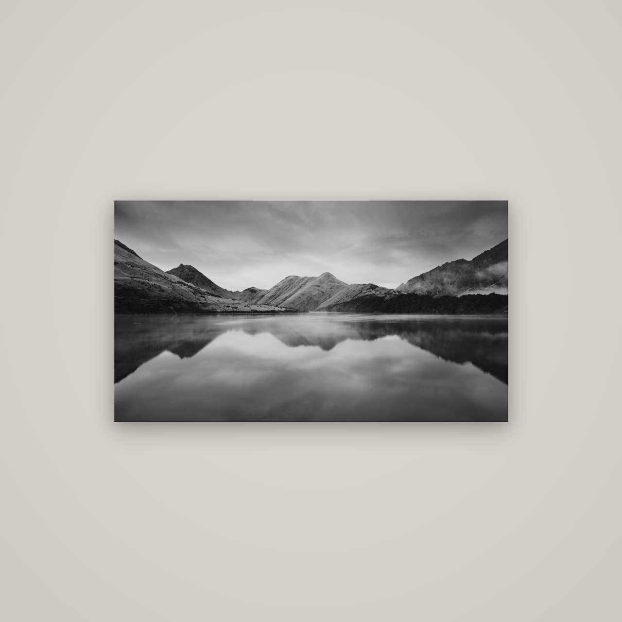 Sunrise Serenity, Moke Lake Queenstown — No frame, 107×60 cm. New Zealand fine art wall art by Stephen Milner.