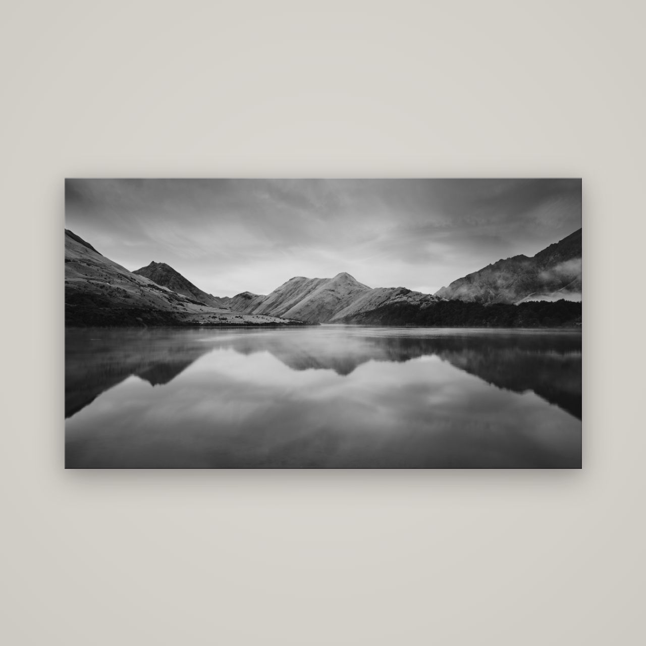Sunrise Serenity, Moke Lake Queenstown — No frame, 160×90 cm. New Zealand fine art wall art by Stephen Milner.