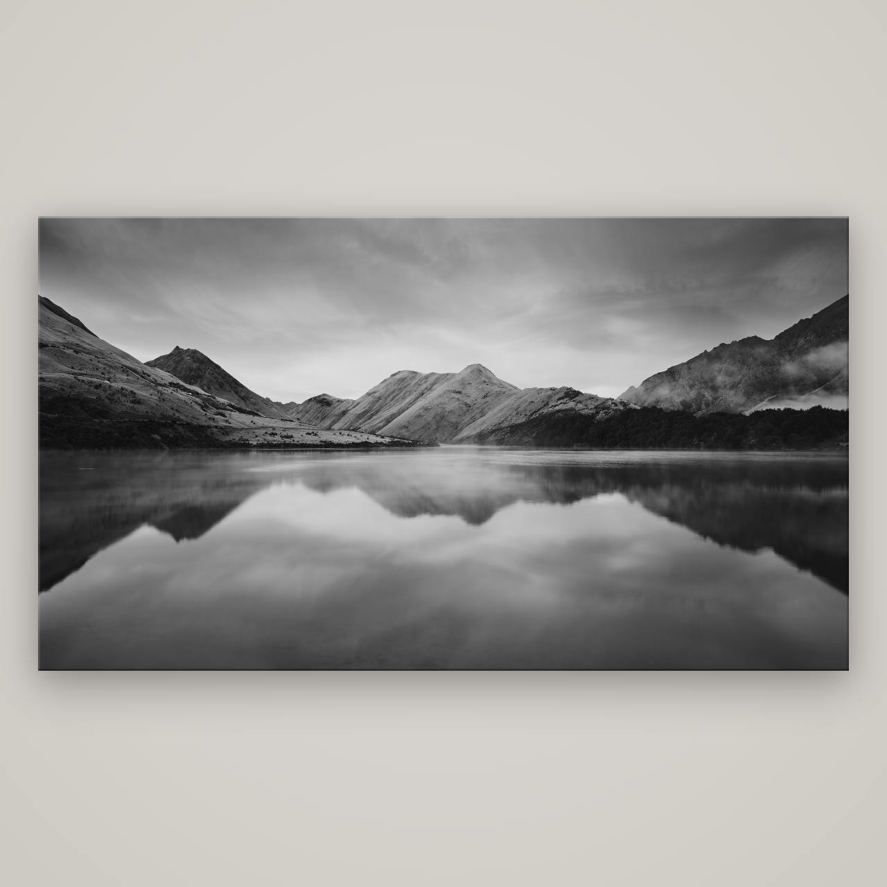 Sunrise Serenity, Moke Lake Queenstown — No frame, 196×110 cm. New Zealand fine art wall art by Stephen Milner.