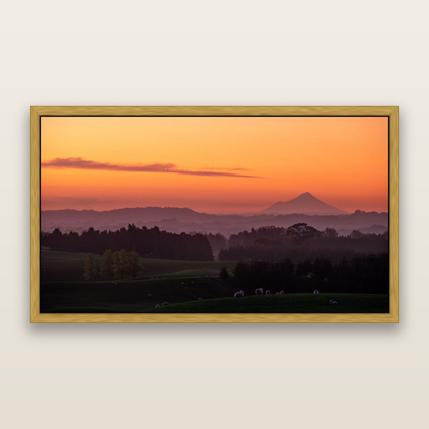 Taranaki's Glow, New Plymouth — framed metallic canvas print, Antique Gold frame. New Zealand fine art landscape wall art by Stephen Milner.
