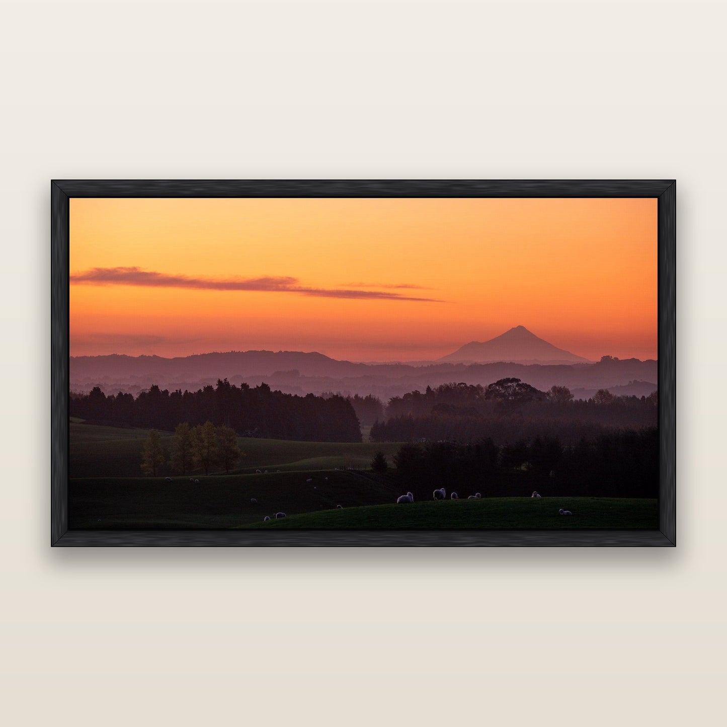 Taranaki's Glow, New Plymouth — framed metallic canvas print, Black frame. New Zealand fine art landscape wall art by Stephen Milner.