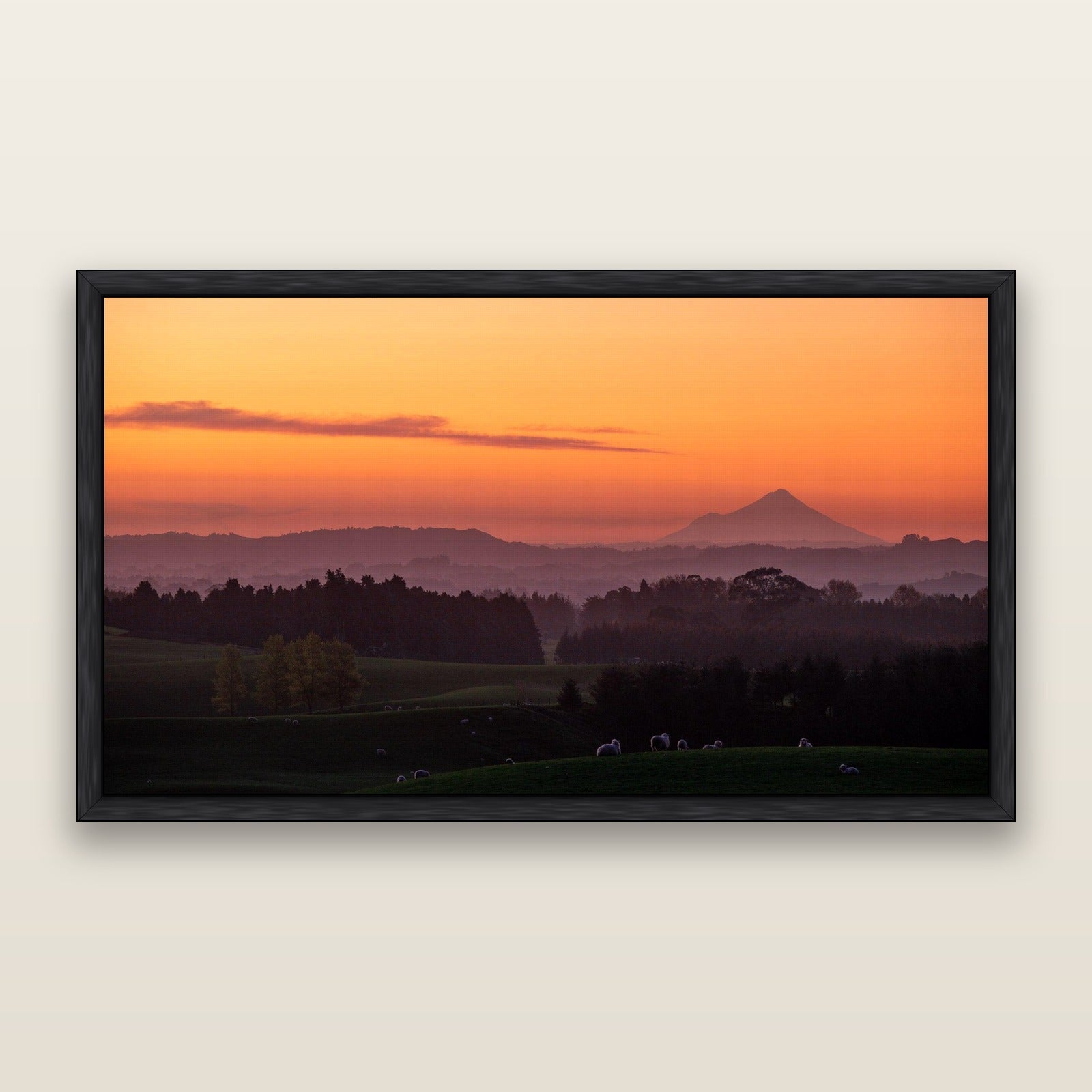 Taranaki's Glow, New Plymouth — framed metallic canvas print, Black frame. New Zealand fine art landscape wall art by Stephen Milner.