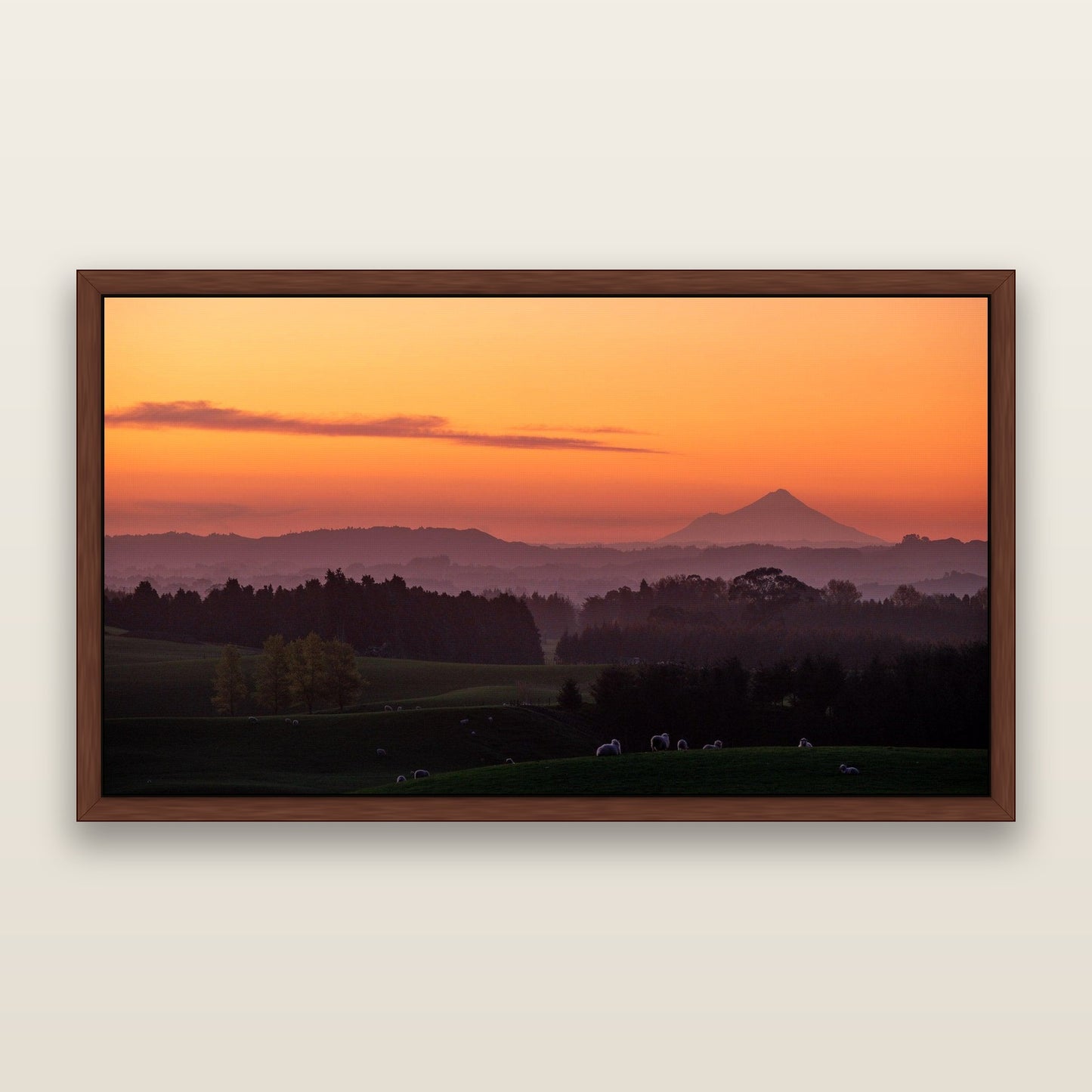 Taranaki's Glow, New Plymouth — framed metallic canvas print, Brown frame. New Zealand fine art landscape wall art by Stephen Milner.