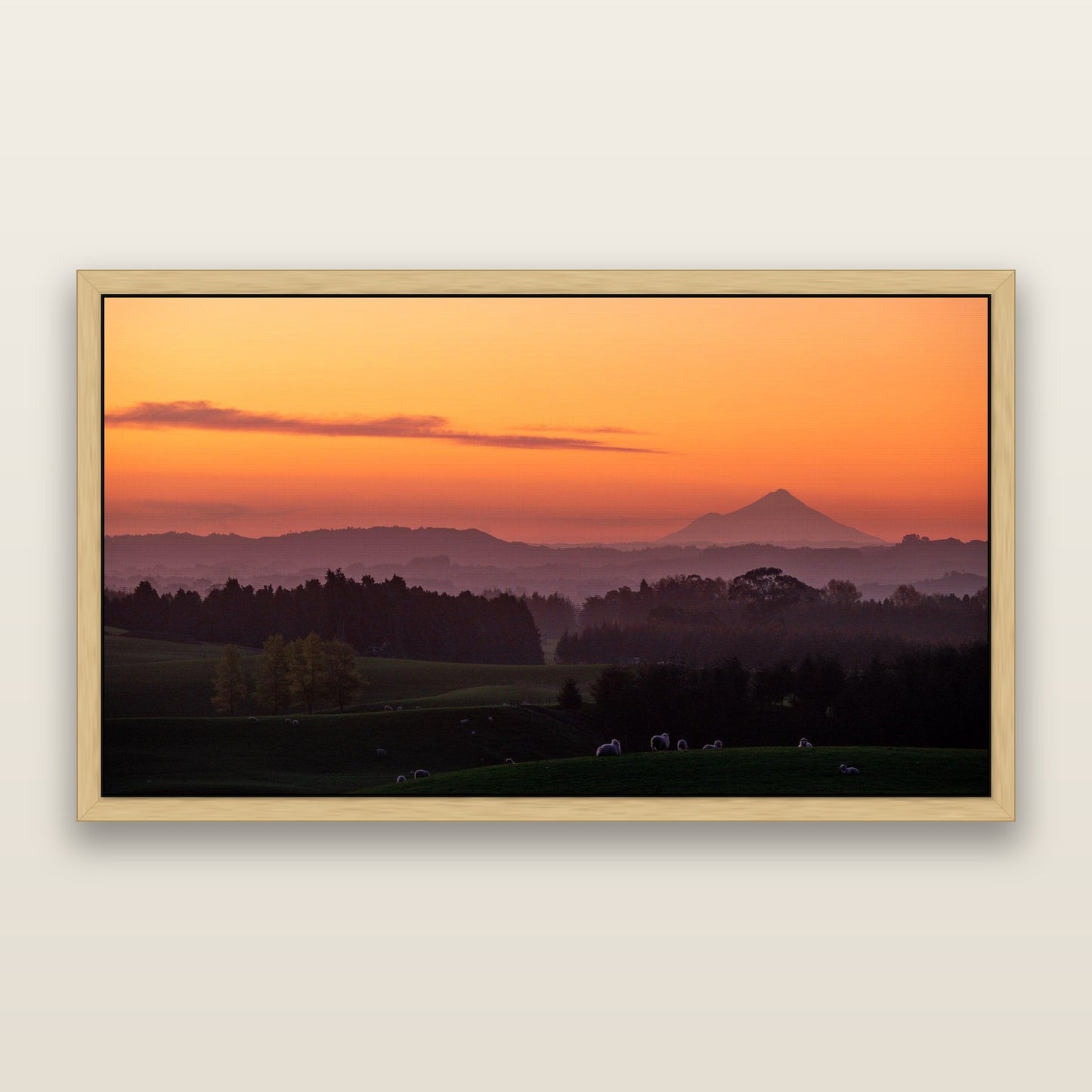 Taranaki's Glow, New Plymouth — framed metallic canvas print, Natural frame. New Zealand fine art landscape wall art by Stephen Milner.