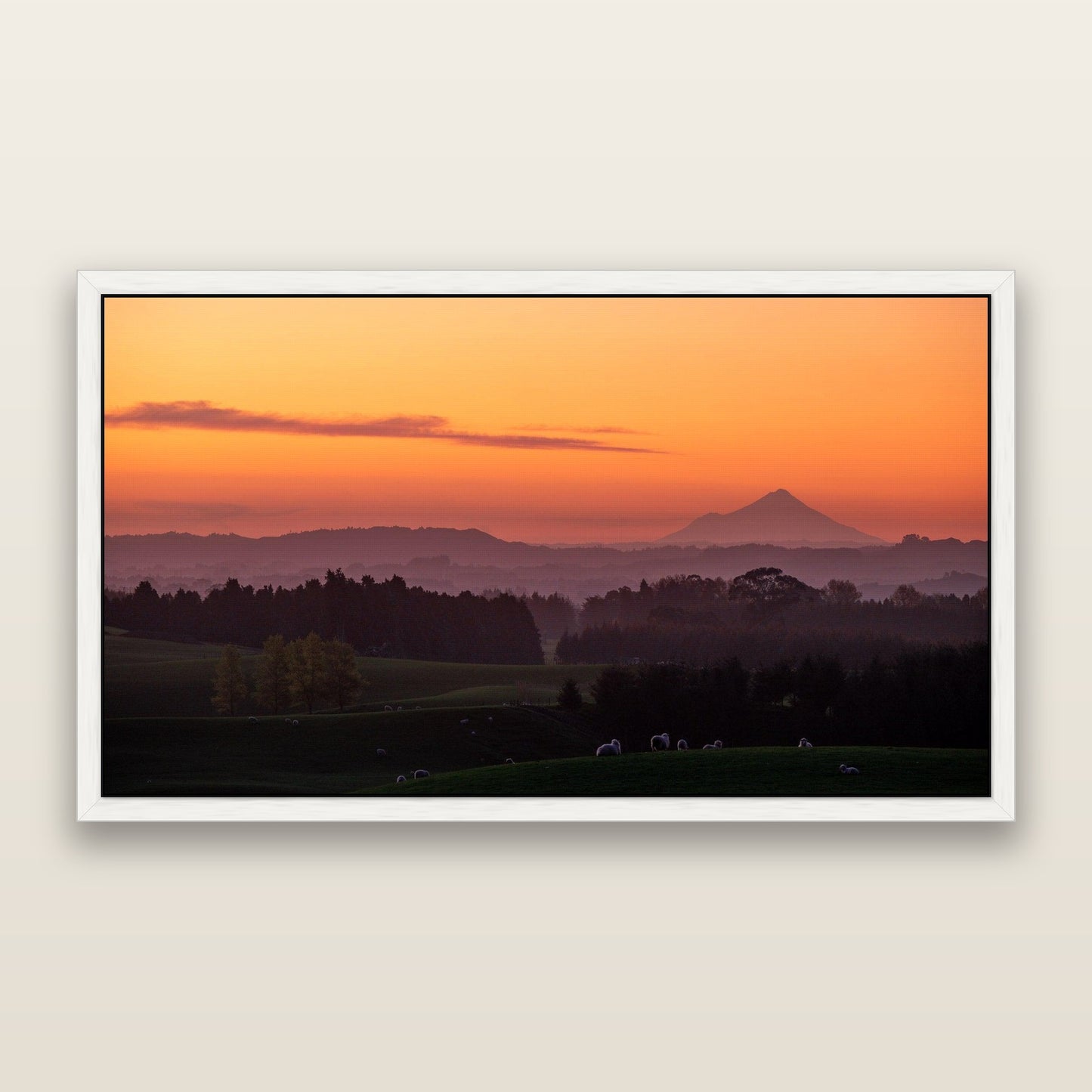 Taranaki's Glow, New Plymouth — framed metallic canvas print, White frame. New Zealand fine art landscape wall art by Stephen Milner.