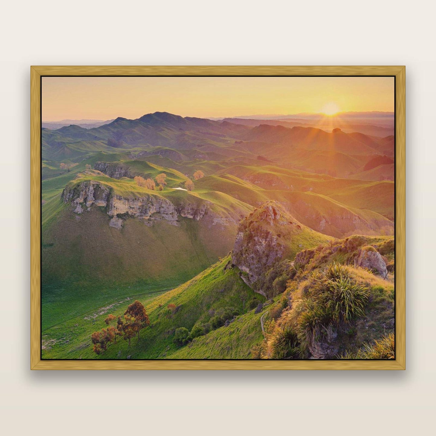 Te Mata Peak, Hawke's Bay — framed metallic canvas print, Antique Gold frame. New Zealand fine art landscape wall art by Stephen Milner.