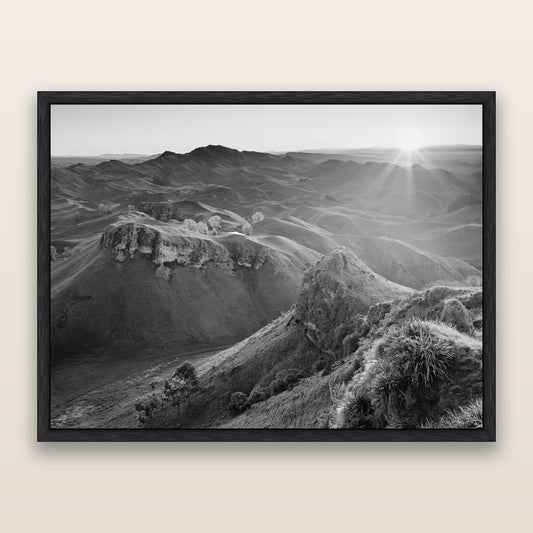 Te Mata Peak, Hawke's Bay, black and white framed metallic canvas print, Black frame. New Zealand fine art wall art by Stephen Milner.