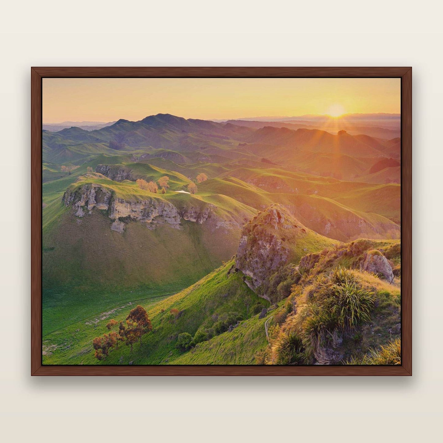 Te Mata Peak, Hawke's Bay — framed metallic canvas print, Brown frame. New Zealand fine art landscape wall art by Stephen Milner.