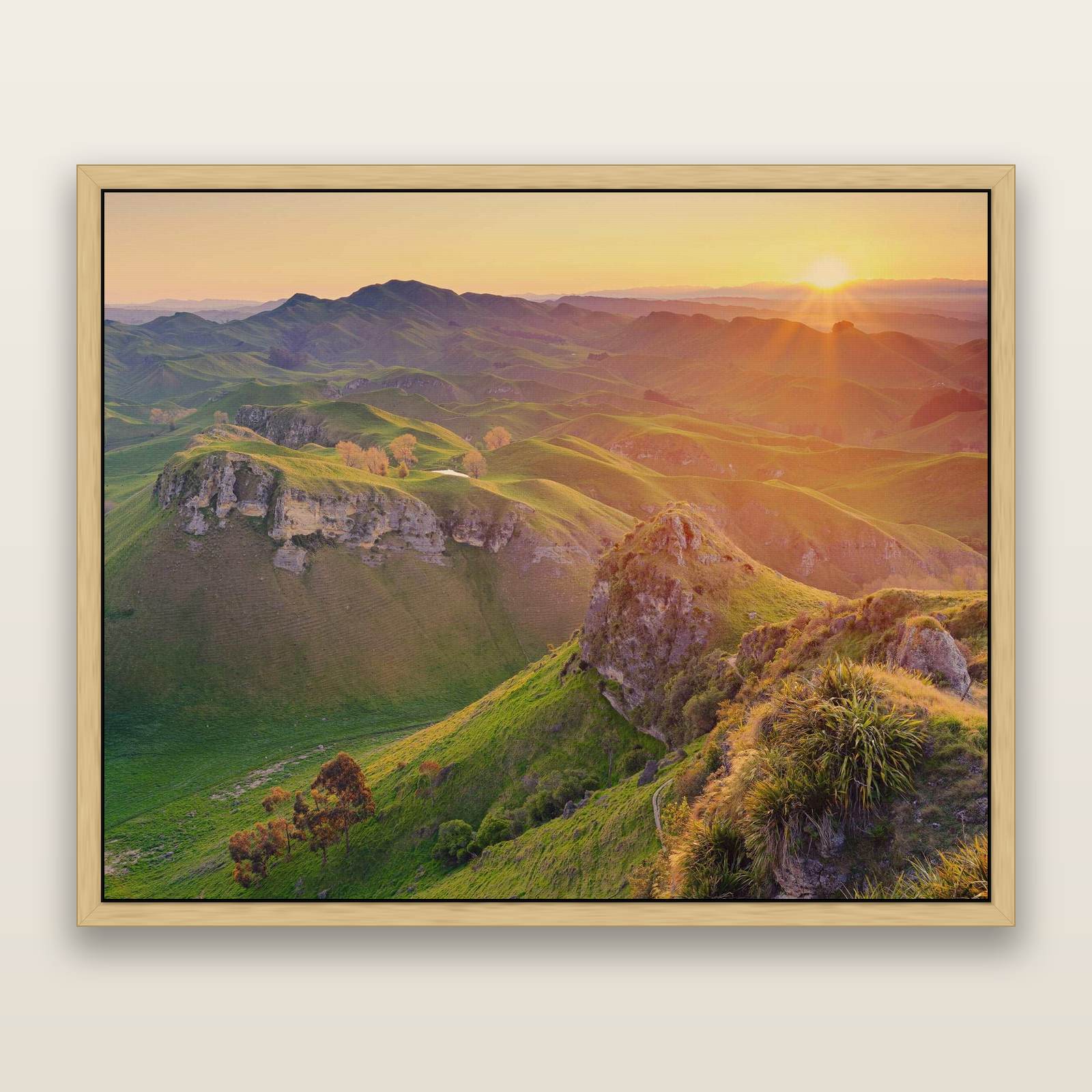 Te Mata Peak, Hawke's Bay — framed metallic canvas print, Natural frame. New Zealand fine art landscape wall art by Stephen Milner.