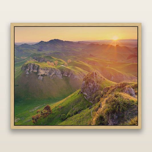Te Mata Peak, Hawke's Bay — framed metallic canvas print, Natural frame. New Zealand fine art landscape wall art by Stephen Milner.