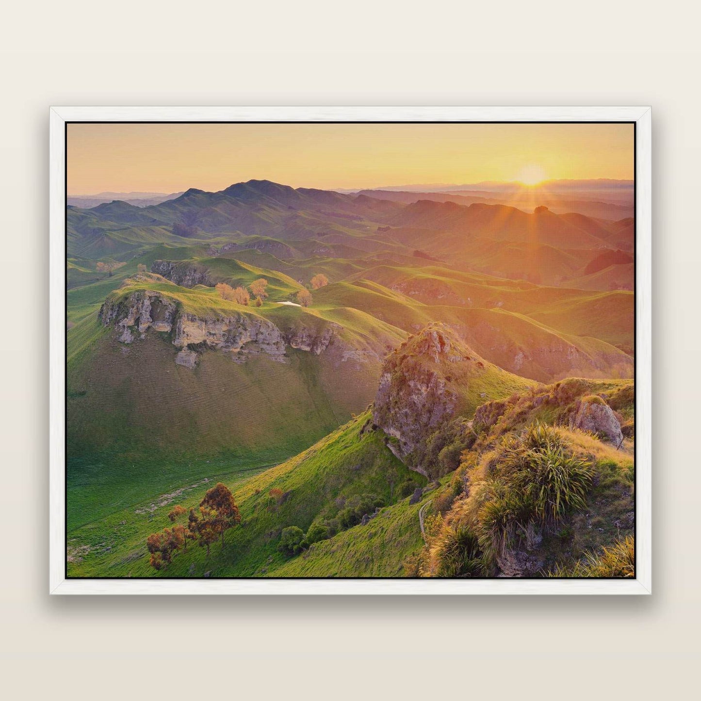 Te Mata Peak, Hawke's Bay — framed metallic canvas print, White frame. New Zealand fine art landscape wall art by Stephen Milner.