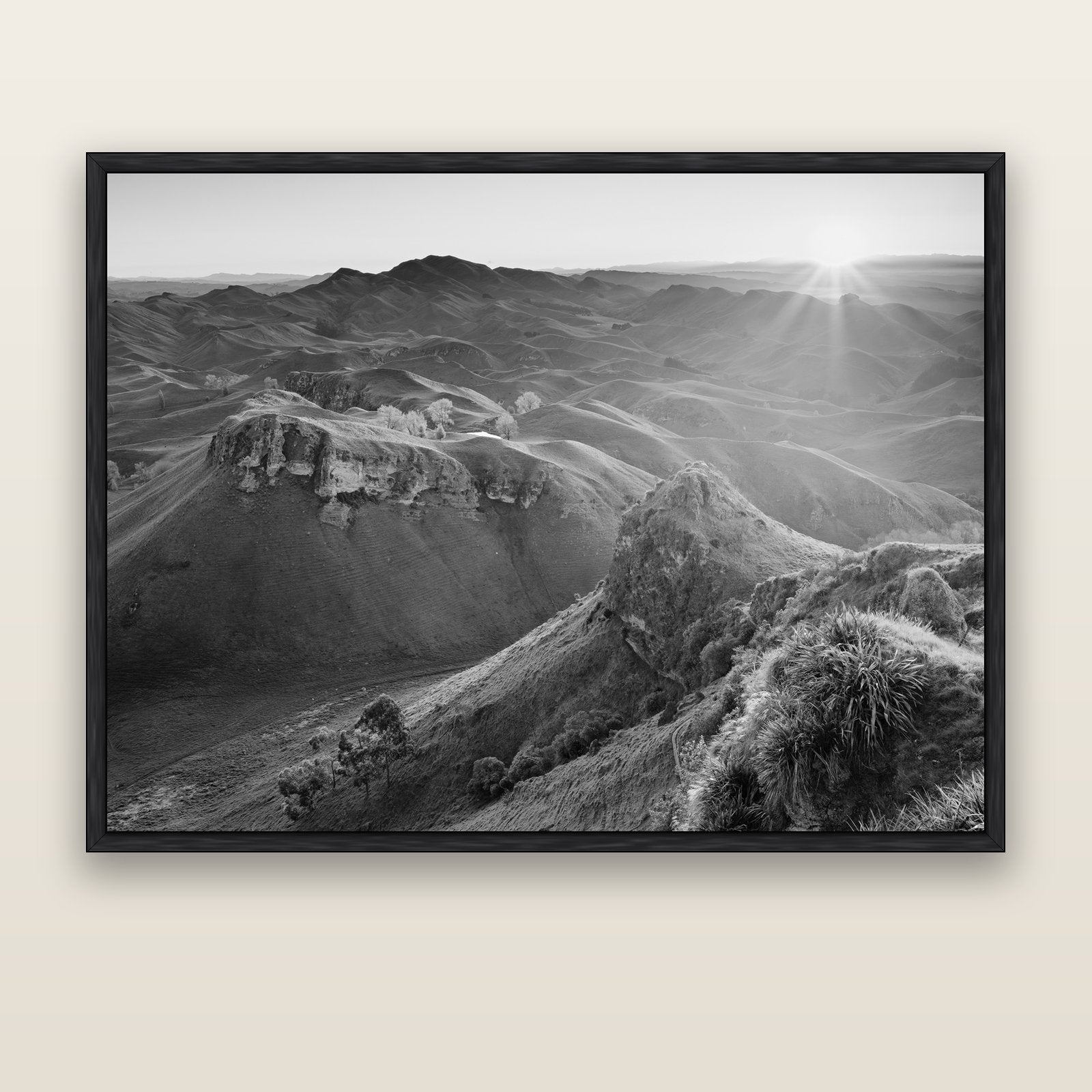 Te Mata Peak, Hawke's Bay — black float frame canvas, 173 × 133 cm. New Zealand fine art landscape wall art by Stephen Milner.