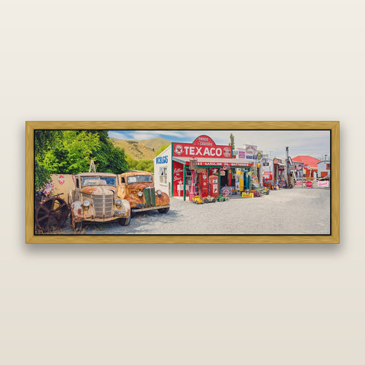 Texaco Time Capsule, Burkes Pass — framed metallic canvas print, Antique Gold frame. New Zealand fine art landscape wall art by Stephen Milner.