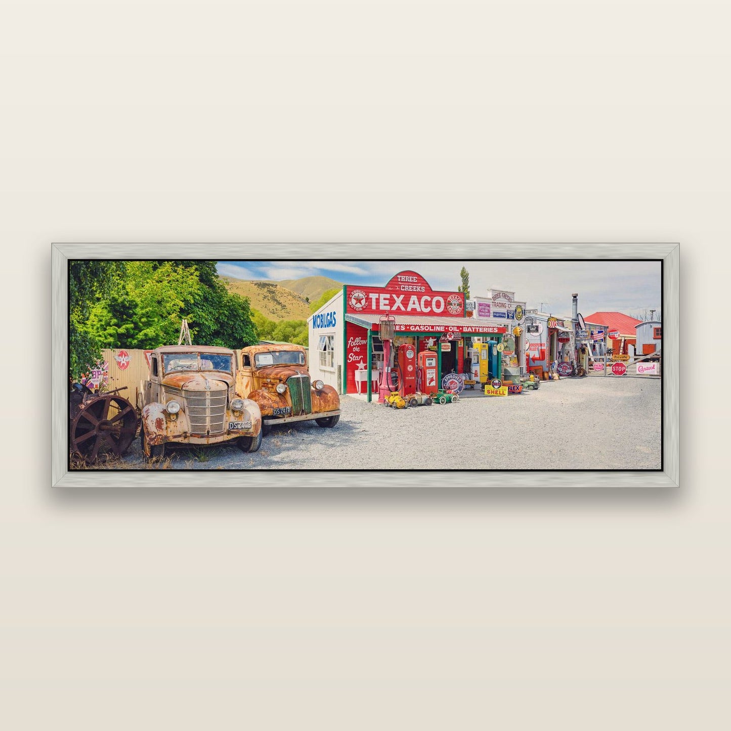 Texaco Time Capsule, Burkes Pass — framed metallic canvas print, Antique Silver frame. New Zealand fine art landscape wall art by Stephen Milner.