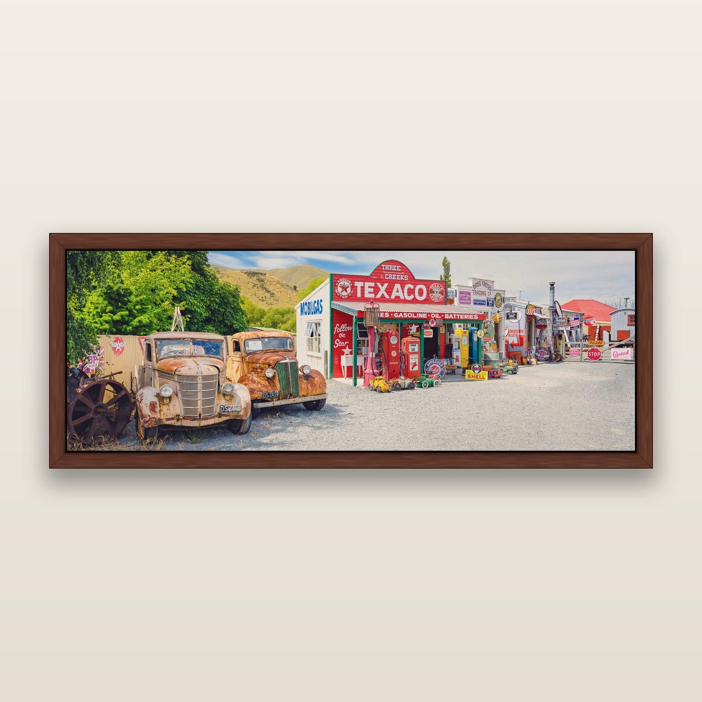 Texaco Time Capsule, Burkes Pass — framed metallic canvas print, Brown frame. New Zealand fine art landscape wall art by Stephen Milner.