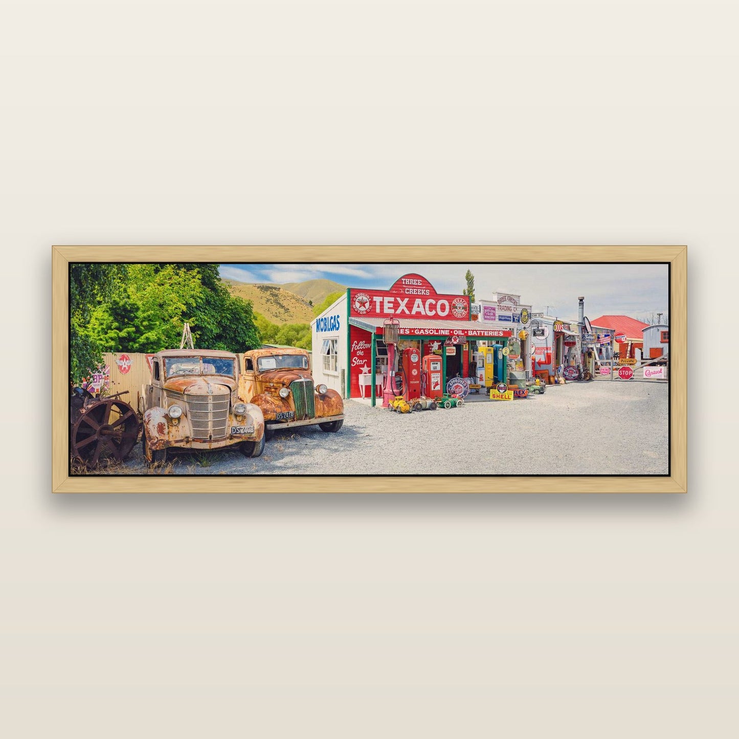 Texaco Time Capsule, Burkes Pass — framed metallic canvas print, Natural frame. New Zealand fine art landscape wall art by Stephen Milner.