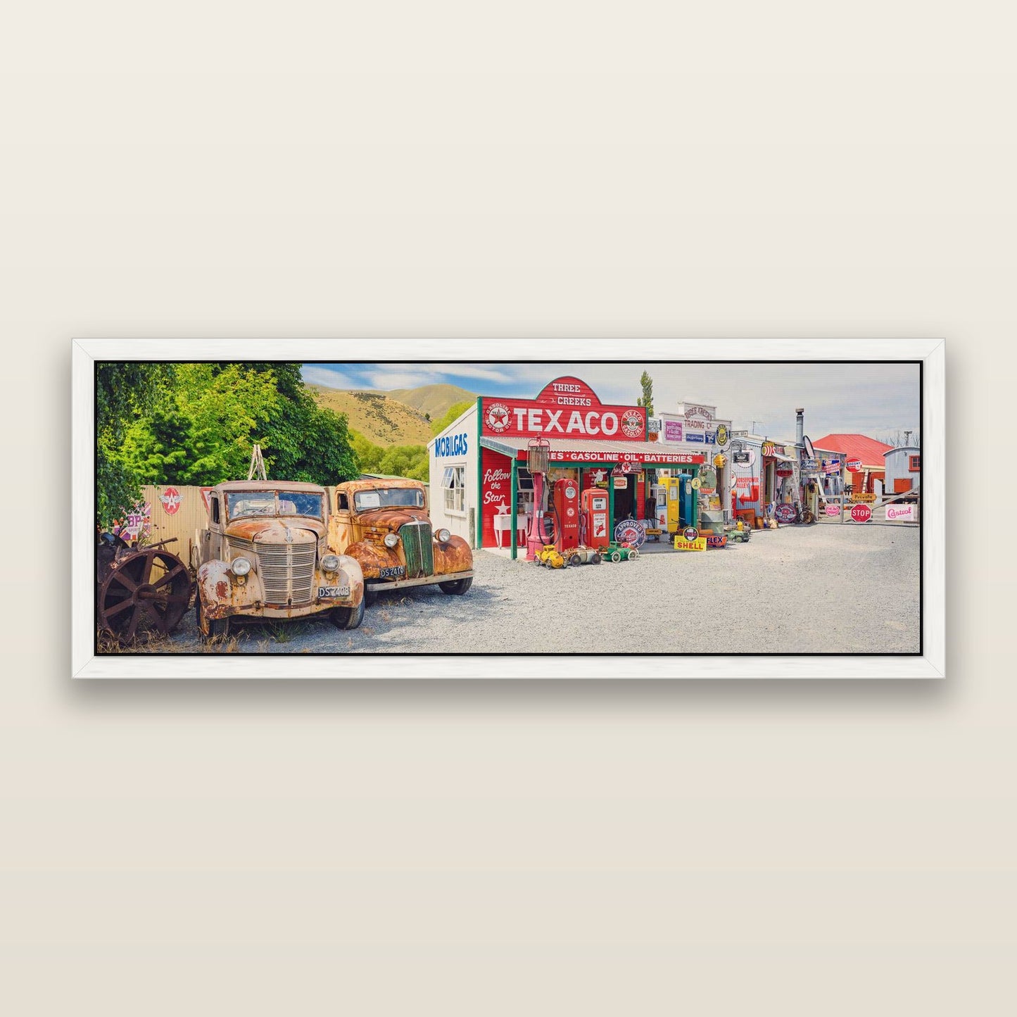 Texaco Time Capsule, Burkes Pass — framed metallic canvas print, White frame. New Zealand fine art landscape wall art by Stephen Milner.