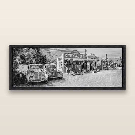 Texaco Time Capsule, Burkes Pass, black and white framed metallic canvas print, Black frame. New Zealand fine art wall art by Stephen Milner.