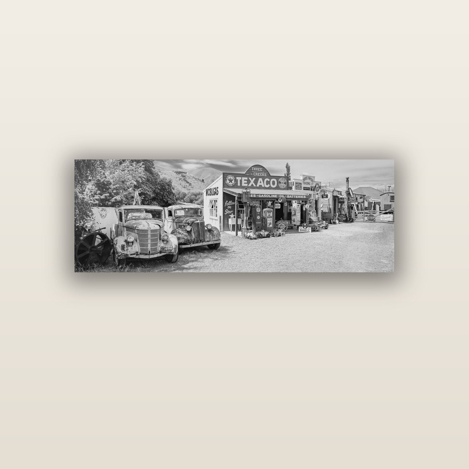 Texaco Time Capsule, Burkes Pass — acrylic glass print, 122 × 41 cm. New Zealand fine art landscape wall art by Stephen Milner.