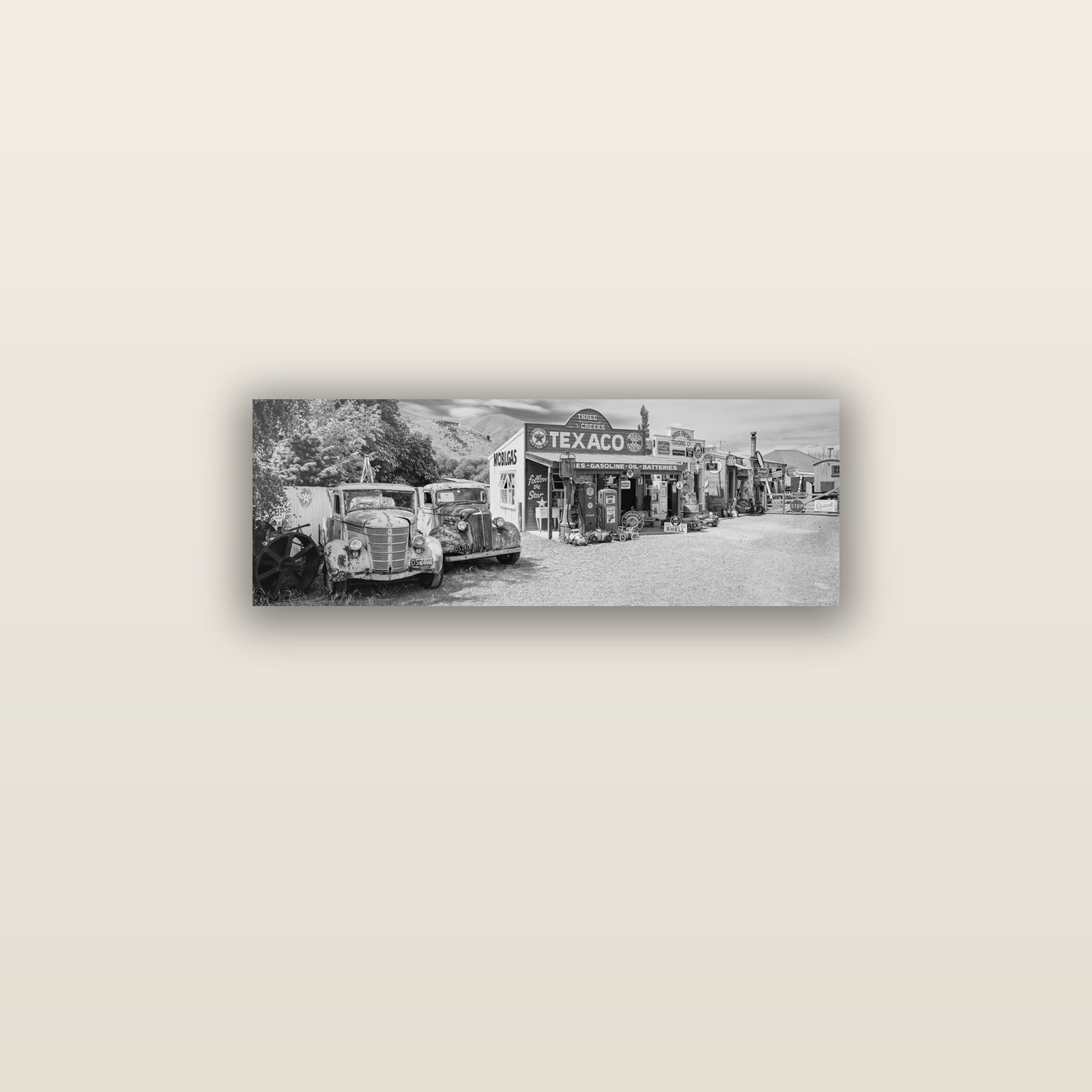 Texaco Time Capsule, Burkes Pass — acrylic glass print, 76 × 25 cm. New Zealand fine art landscape wall art by Stephen Milner.