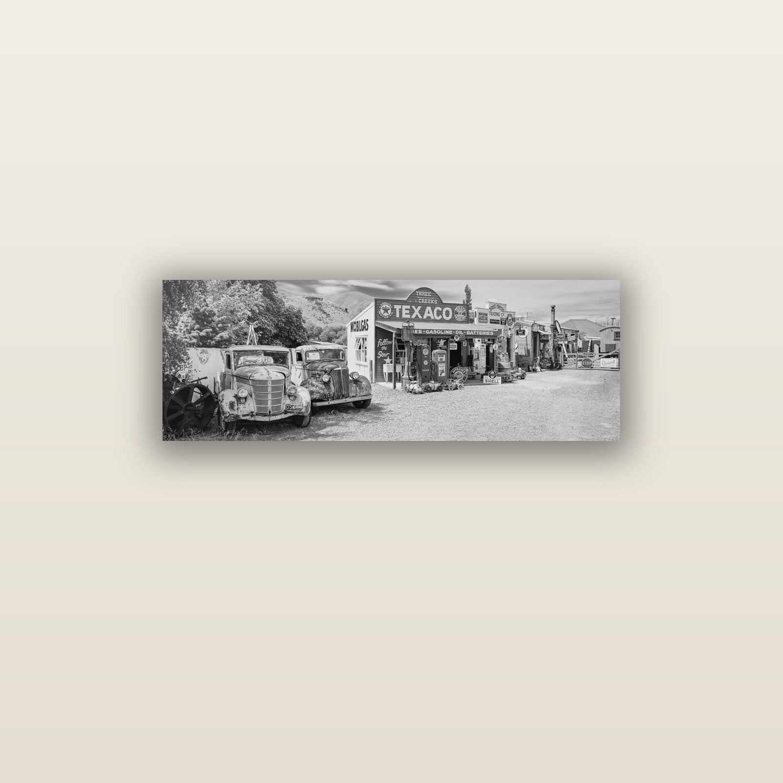 Texaco Time Capsule, Burkes Pass — acrylic glass print, 91 × 30 cm. New Zealand fine art landscape wall art by Stephen Milner.