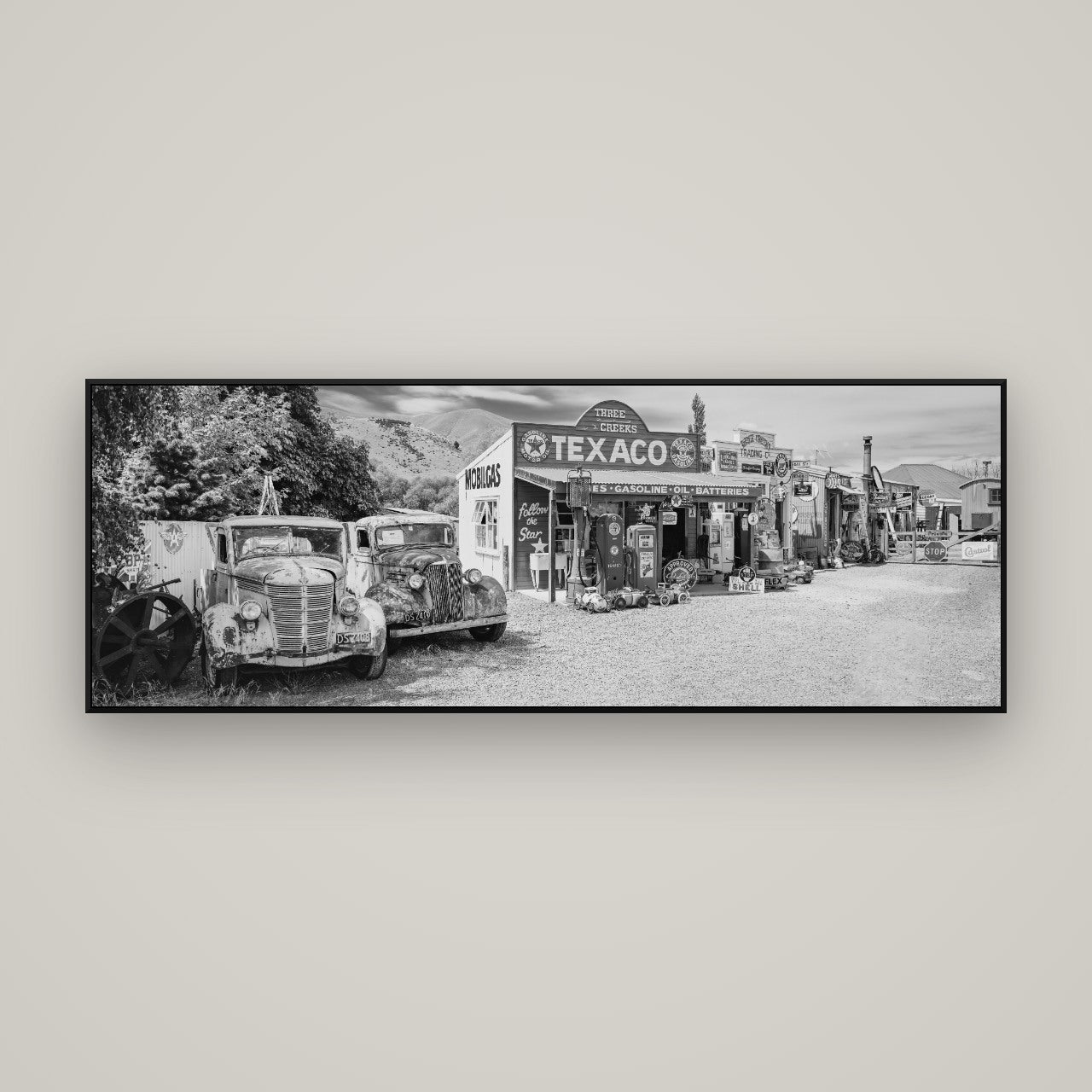 Texaco Time Capsule, Burkes Pass — ArtBox Black, 170×60 cm. New Zealand fine art wall art by Stephen Milner.