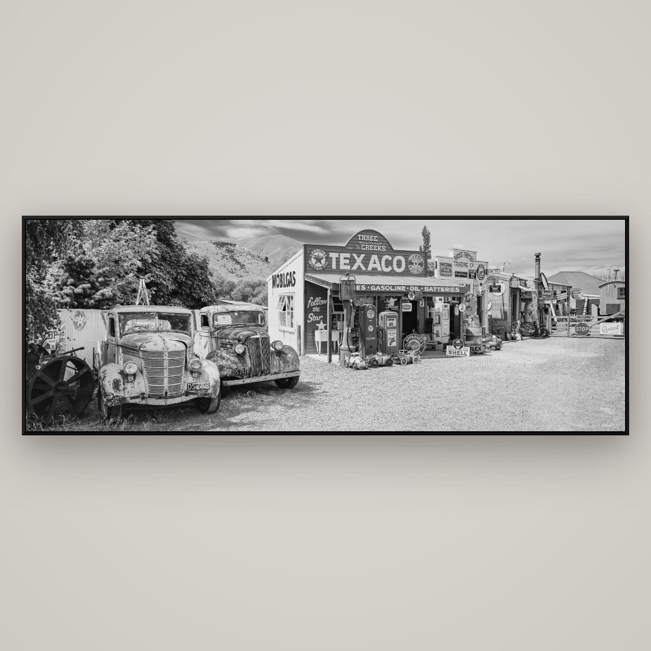 Texaco Time Capsule, Burkes Pass — ArtBox Black, 198×70 cm. New Zealand fine art wall art by Stephen Milner.