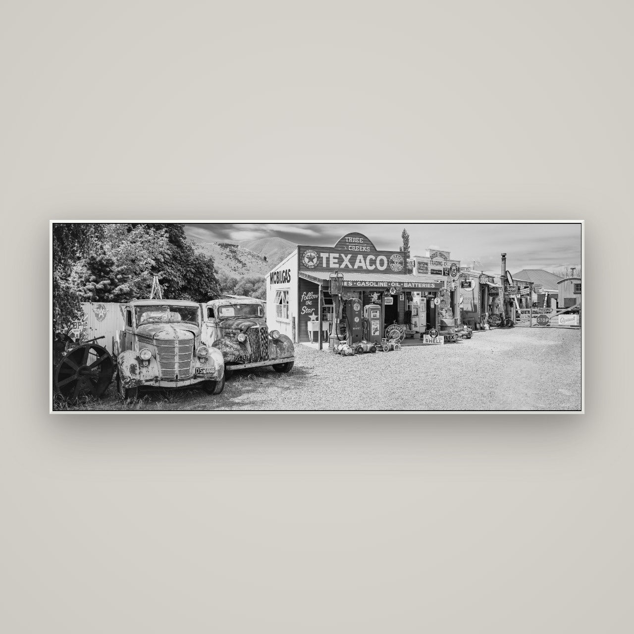 Texaco Time Capsule, Burkes Pass — ArtBox White, 170×60 cm. New Zealand fine art wall art by Stephen Milner.