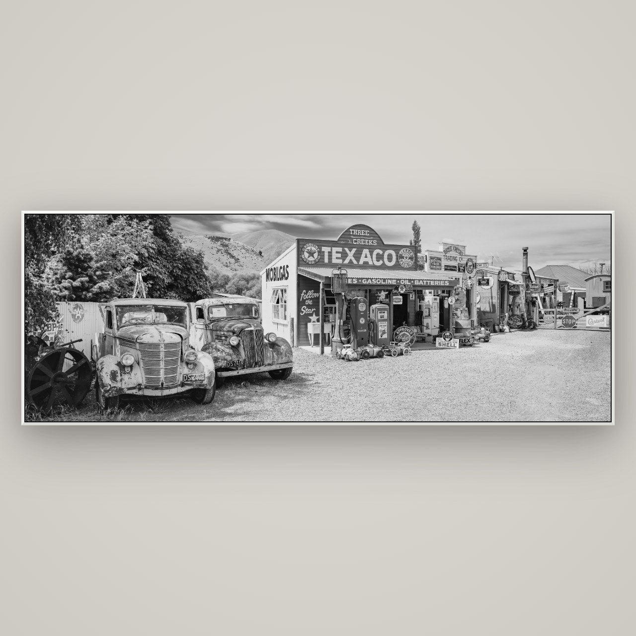 Texaco Time Capsule, Burkes Pass — ArtBox White, 198×70 cm. New Zealand fine art wall art by Stephen Milner.