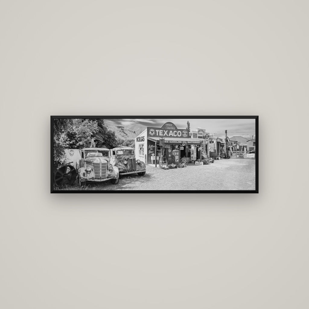 Texaco Time Capsule, Burkes Pass — Basel Black Matte, 113×40 cm. New Zealand fine art wall art by Stephen Milner.