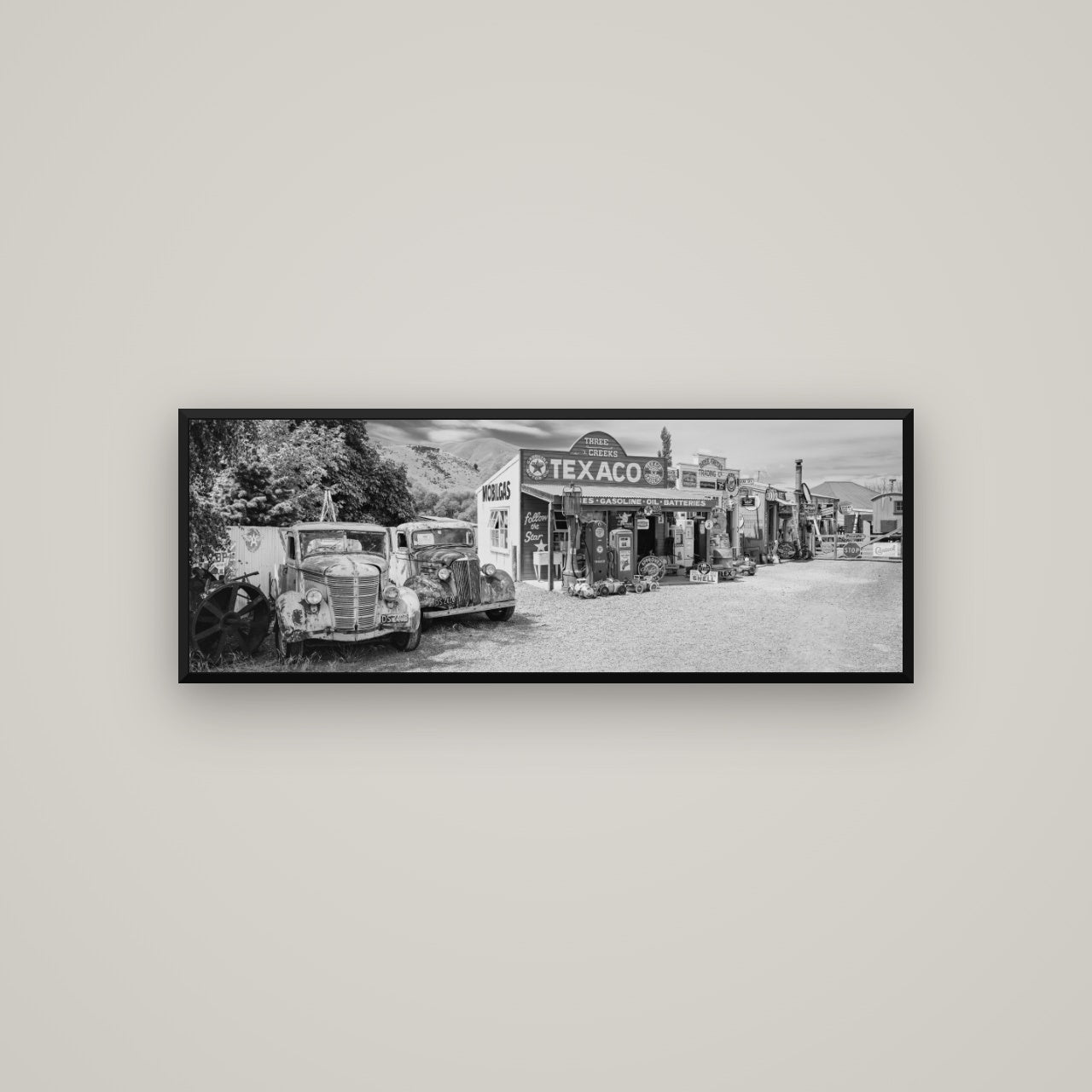 Texaco Time Capsule, Burkes Pass — Basel Black, 113×40 cm. New Zealand fine art wall art by Stephen Milner.