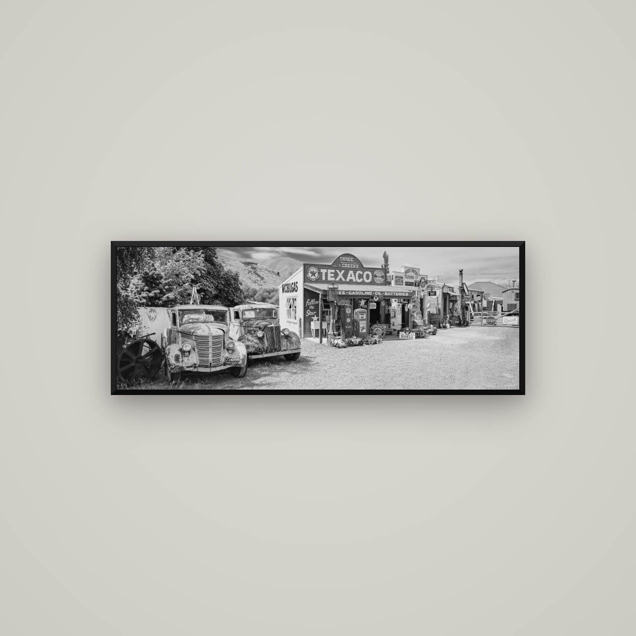 Texaco Time Capsule, Burkes Pass — Basel Black Matte, 113×40 cm. New Zealand fine art wall art by Stephen Milner.