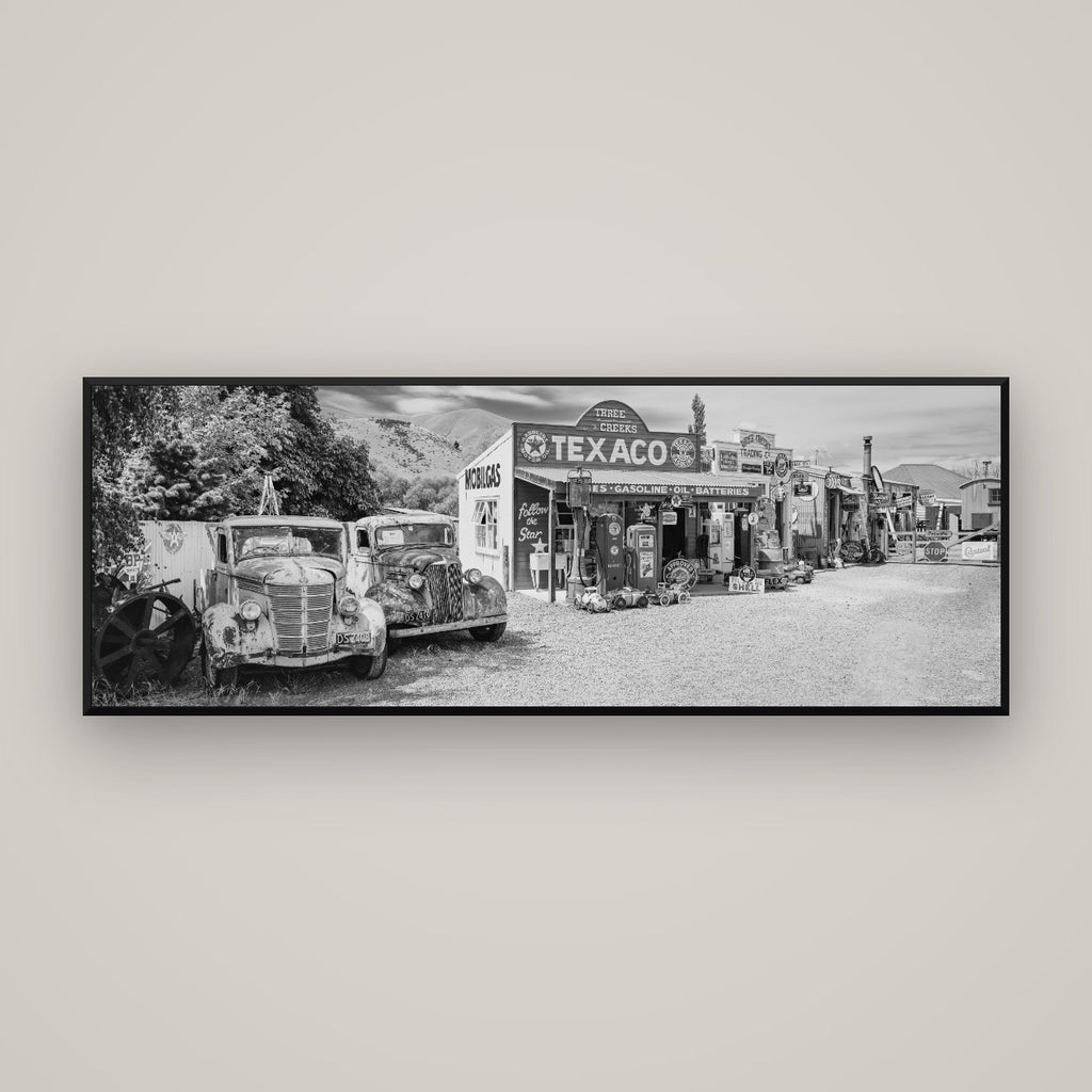 Texaco Time Capsule, Burkes Pass — Basel Black Matte, 170×60 cm. New Zealand fine art wall art by Stephen Milner.
