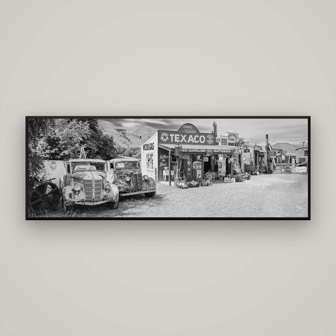 Texaco Time Capsule, Burkes Pass — Basel Black, 170×60 cm. New Zealand fine art wall art by Stephen Milner.