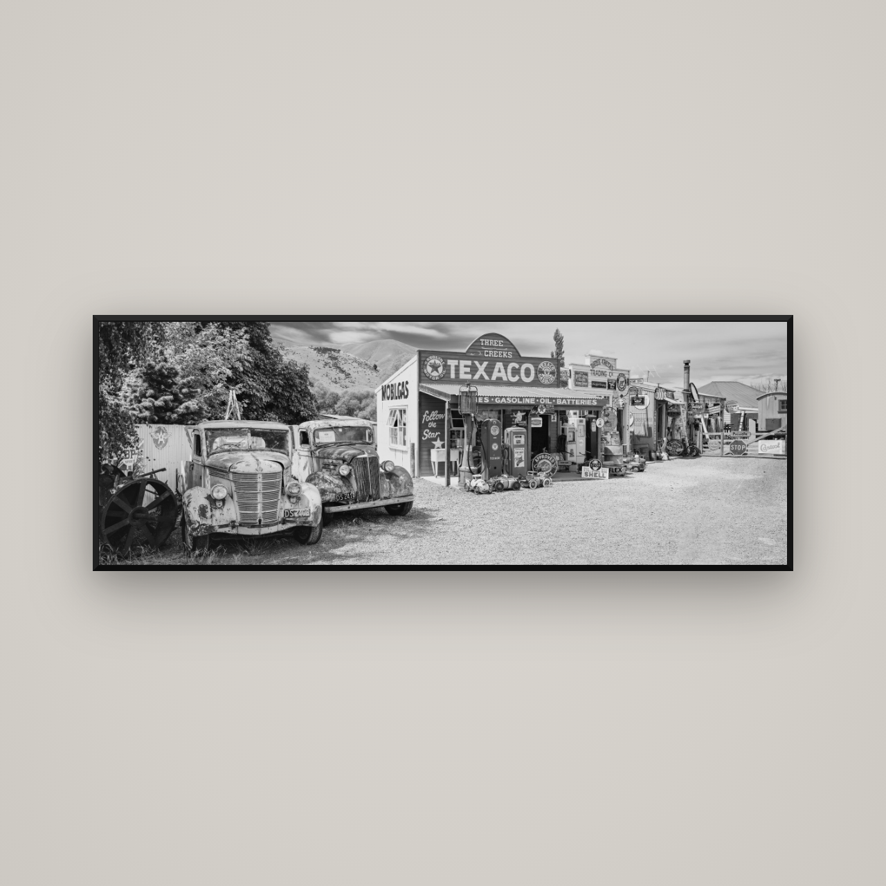 Texaco Time Capsule, Burkes Pass — Basel Black Matte, 170×60 cm. New Zealand fine art wall art by Stephen Milner.