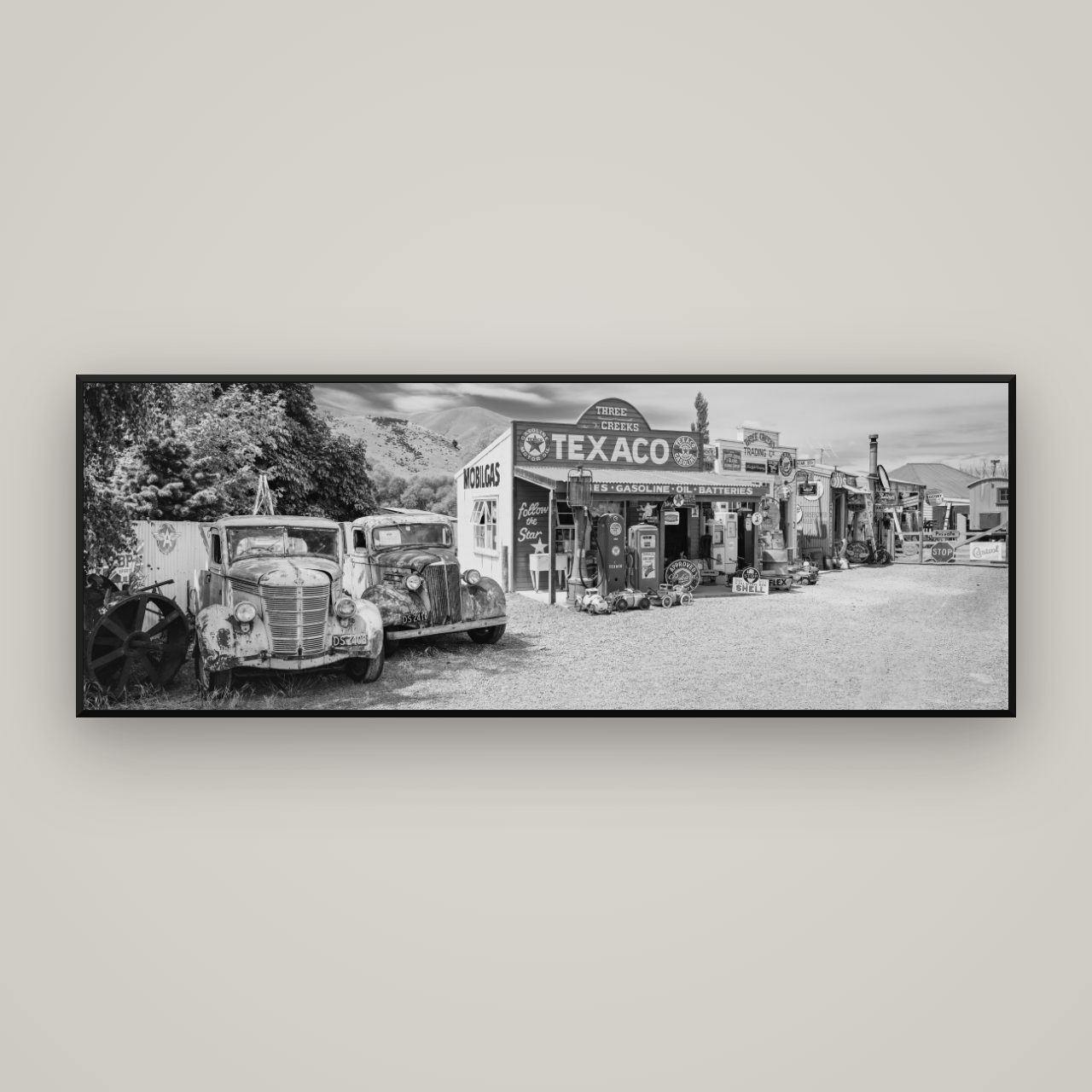 Texaco Time Capsule, Burkes Pass — Basel Black Matte, 198×70 cm. New Zealand fine art wall art by Stephen Milner.