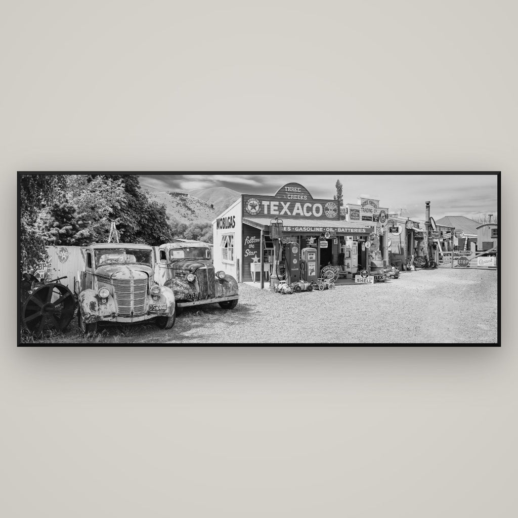 Texaco Time Capsule, Burkes Pass — Basel Black Matte, 198×70 cm. New Zealand fine art wall art by Stephen Milner.